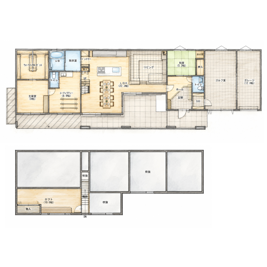 趣味と家事を究極に愉しむ。ゴルフルームと大空間LDKを抱く平屋＋ロフトの家